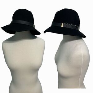 Black Wool Cloche Hat with Band Winter Fall Fashion Hat Floppy Boho Gold Accents